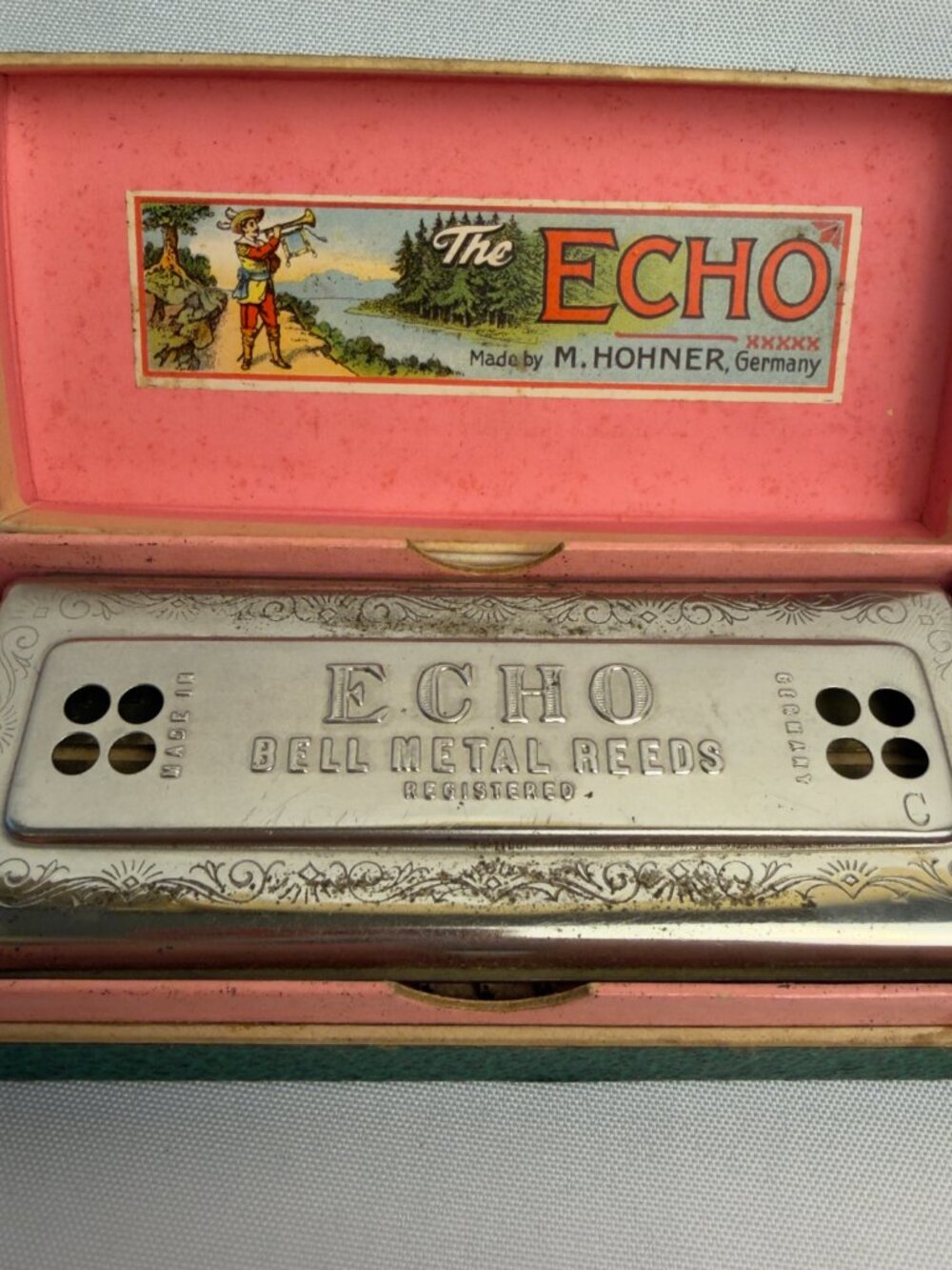 Hohner Echo Harp Vintage Harmonica Germany Bell Metal Reeds Original Box 1950s